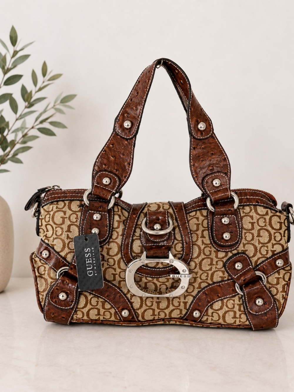 NWT GUESS GLOSS Satchel BAG WITH TEXTURED LEATHER G logo vintage Y2K